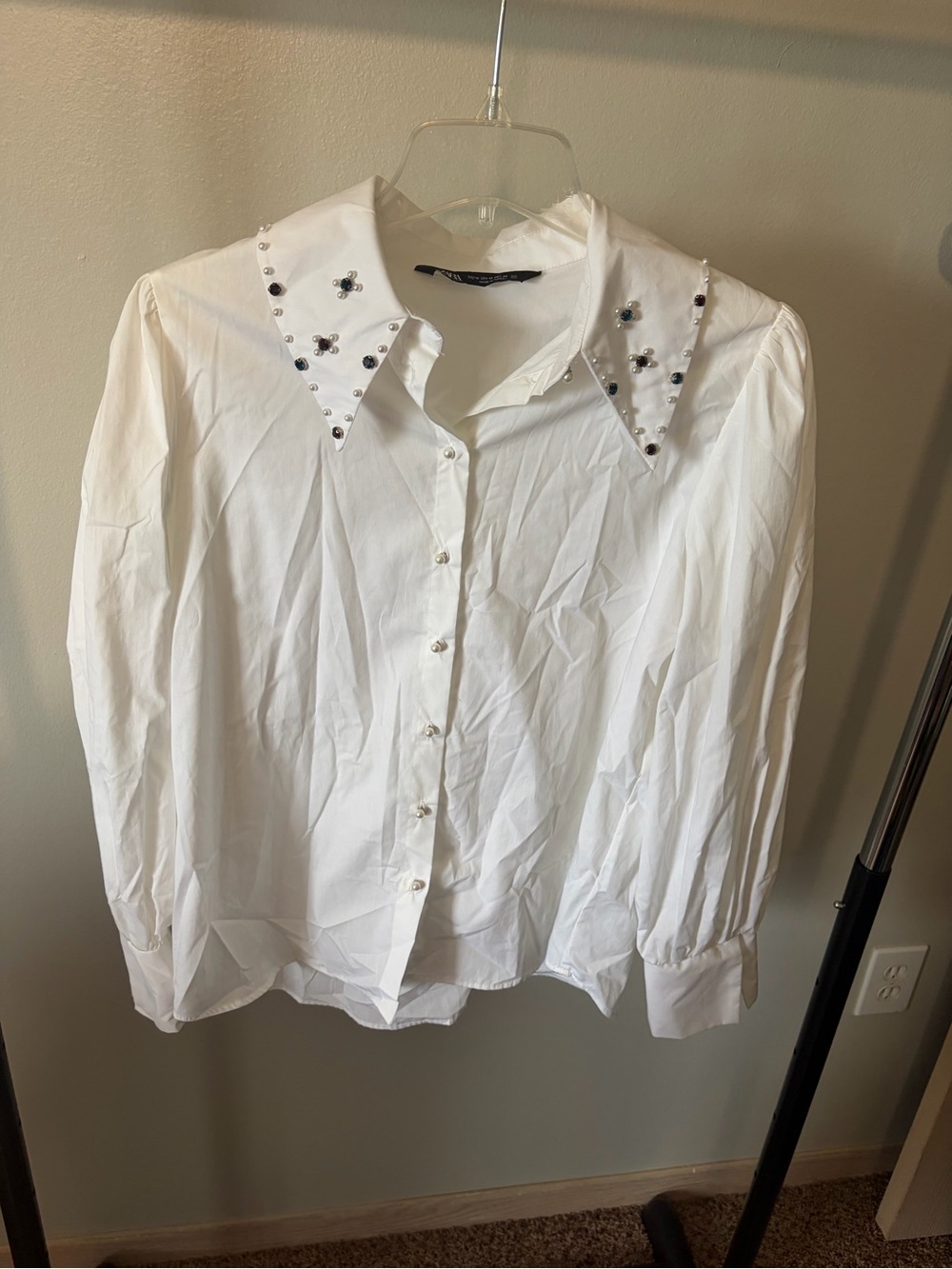 Zara White Embellished Pointed Collar Button-Front Blouse